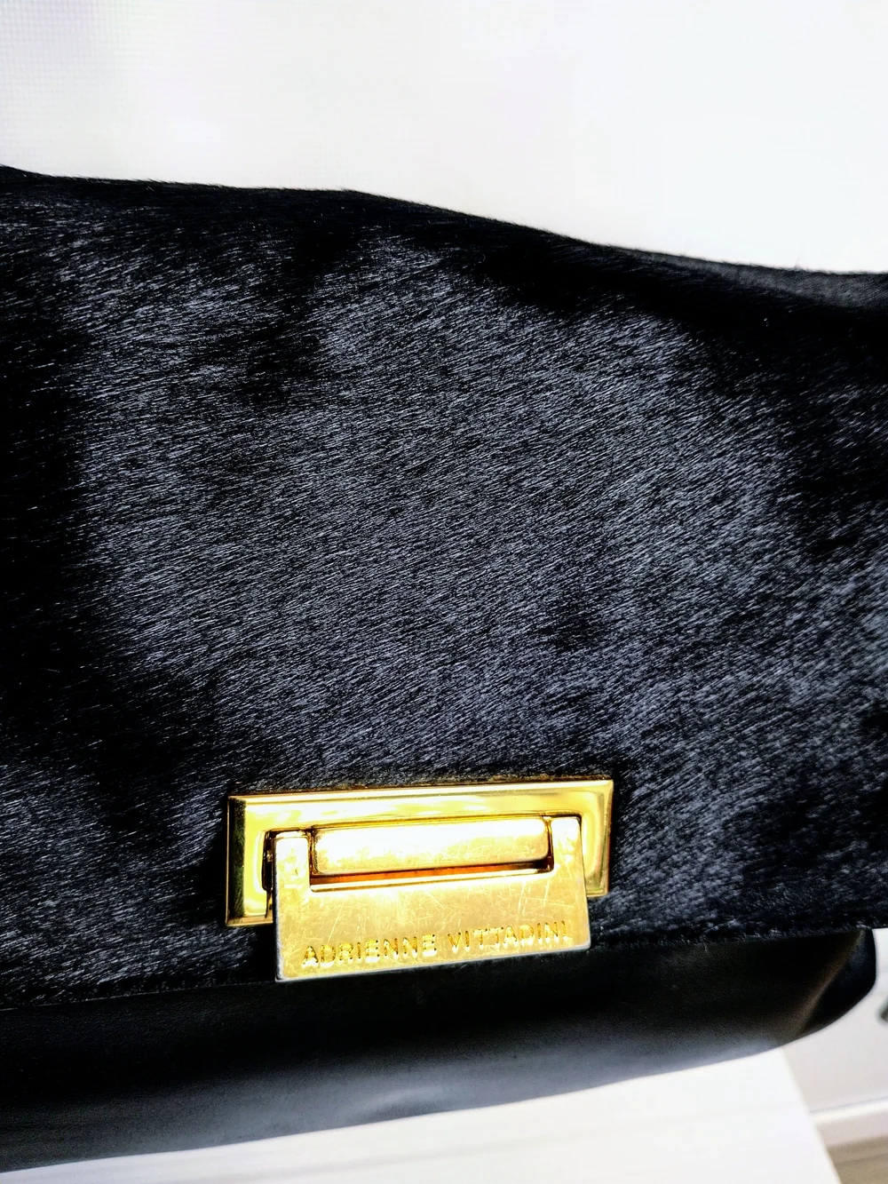 Black Leather and Haircalf Shoulder Bag with Gold Hardware From Adrienne Vittadi